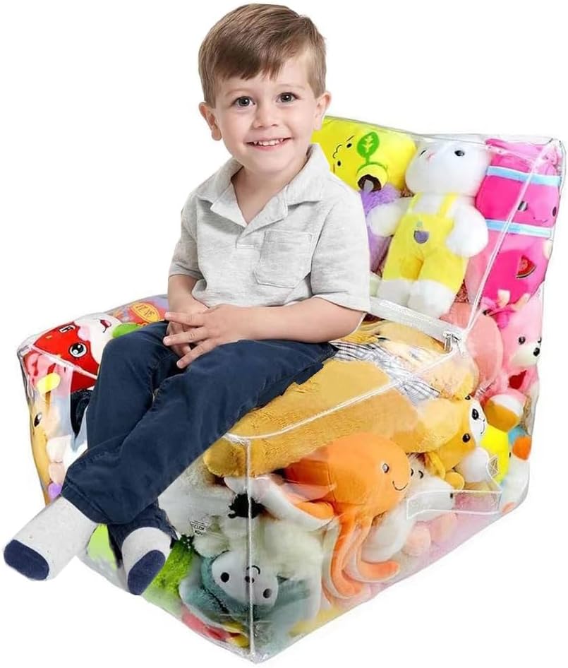 Clear bean bag storage with stuffed animals